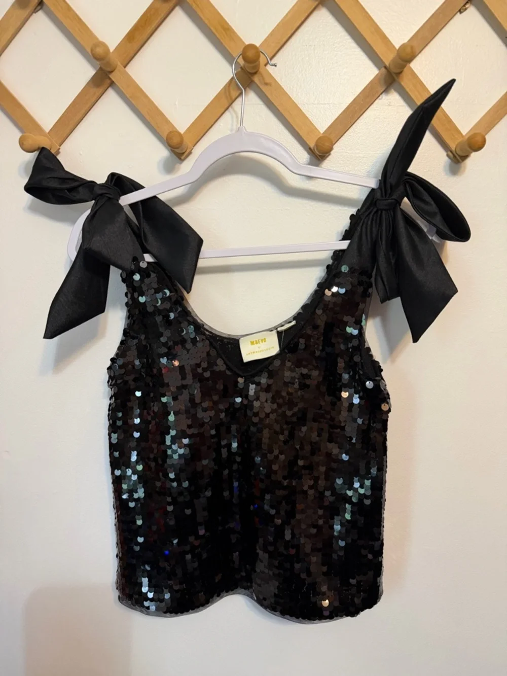 Maeve Anthropologie NWT Sequined Tie-Strap Tank Bows Black Going Out Party XS - Picture 1 of 7